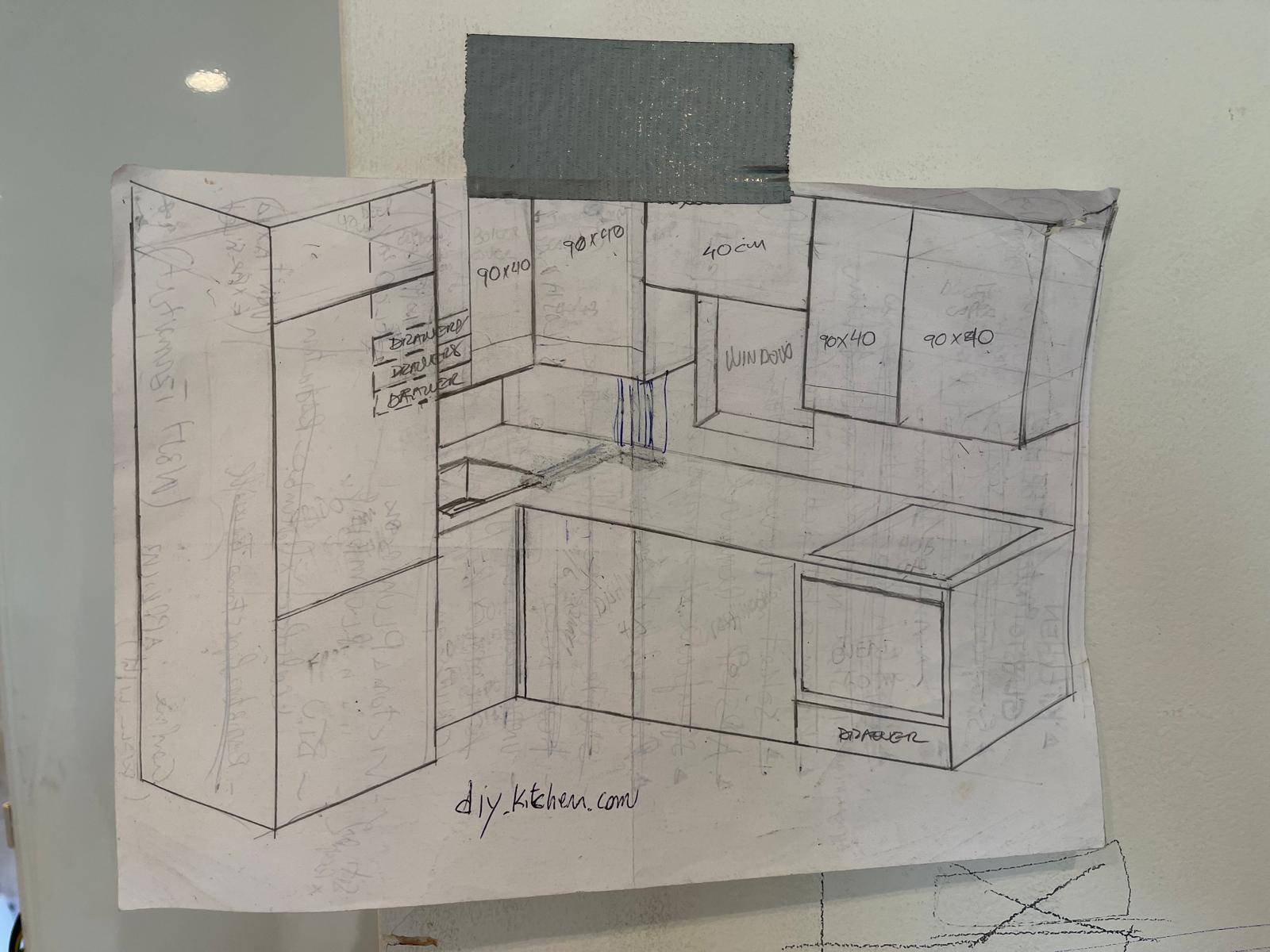 Hand-drawn kitchen plan for a bespoke cabinetry layout